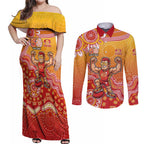 Personalized Suns Football Mascot Couples Matching Off Shoulder Maxi Dress and Long Sleeve Button Shirt Aboriginal Dot Art Style Vibrant Indigenous Pattern Design