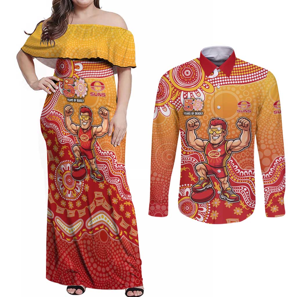Personalized Suns Football Mascot Couples Matching Off Shoulder Maxi Dress and Long Sleeve Button Shirt Aboriginal Dot Art Style Vibrant Indigenous Pattern Design