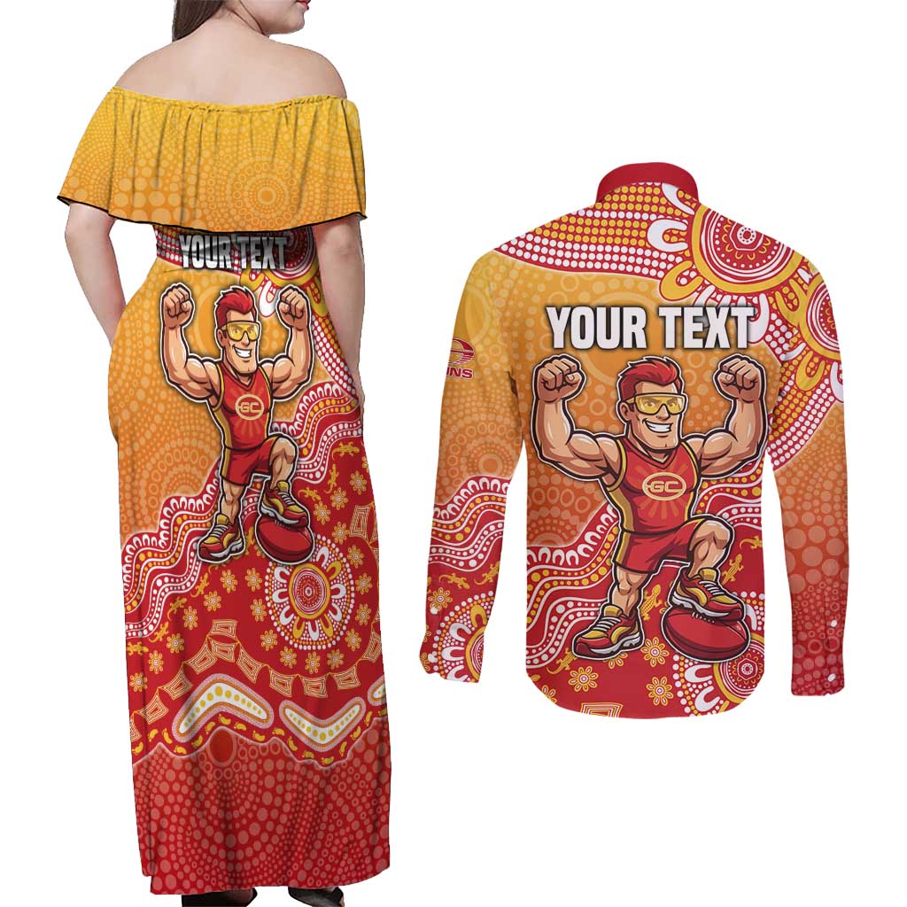 Personalized Suns Football Mascot Couples Matching Off Shoulder Maxi Dress and Long Sleeve Button Shirt Aboriginal Dot Art Style Vibrant Indigenous Pattern Design