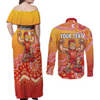 Personalized Suns Football Mascot Couples Matching Off Shoulder Maxi Dress and Long Sleeve Button Shirt Aboriginal Dot Art Style Vibrant Indigenous Pattern Design