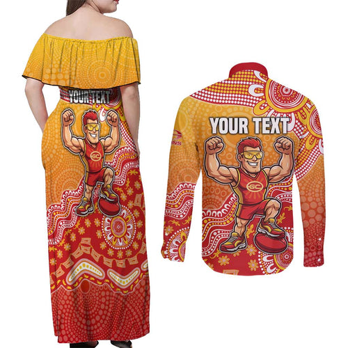 Personalized Suns Football Mascot Couples Matching Off Shoulder Maxi Dress and Long Sleeve Button Shirt Aboriginal Dot Art Style Vibrant Indigenous Pattern Design