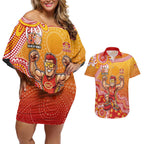 Personalized Suns Football Mascot Couples Matching Off Shoulder Short Dress and Hawaiian Shirt Aboriginal Dot Art Style Vibrant Indigenous Pattern Design