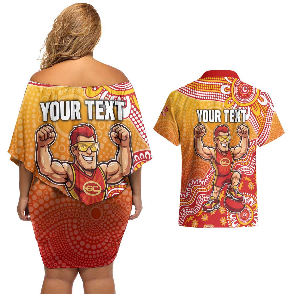 Personalized Suns Football Mascot Couples Matching Off Shoulder Short Dress and Hawaiian Shirt Aboriginal Dot Art Style Vibrant Indigenous Pattern Design