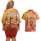 Personalized Suns Football Mascot Couples Matching Off Shoulder Short Dress and Hawaiian Shirt Aboriginal Dot Art Style Vibrant Indigenous Pattern Design