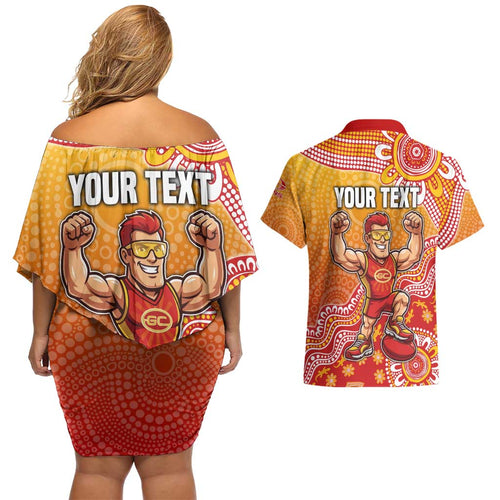 Personalized Suns Football Mascot Couples Matching Off Shoulder Short Dress and Hawaiian Shirt Aboriginal Dot Art Style Vibrant Indigenous Pattern Design