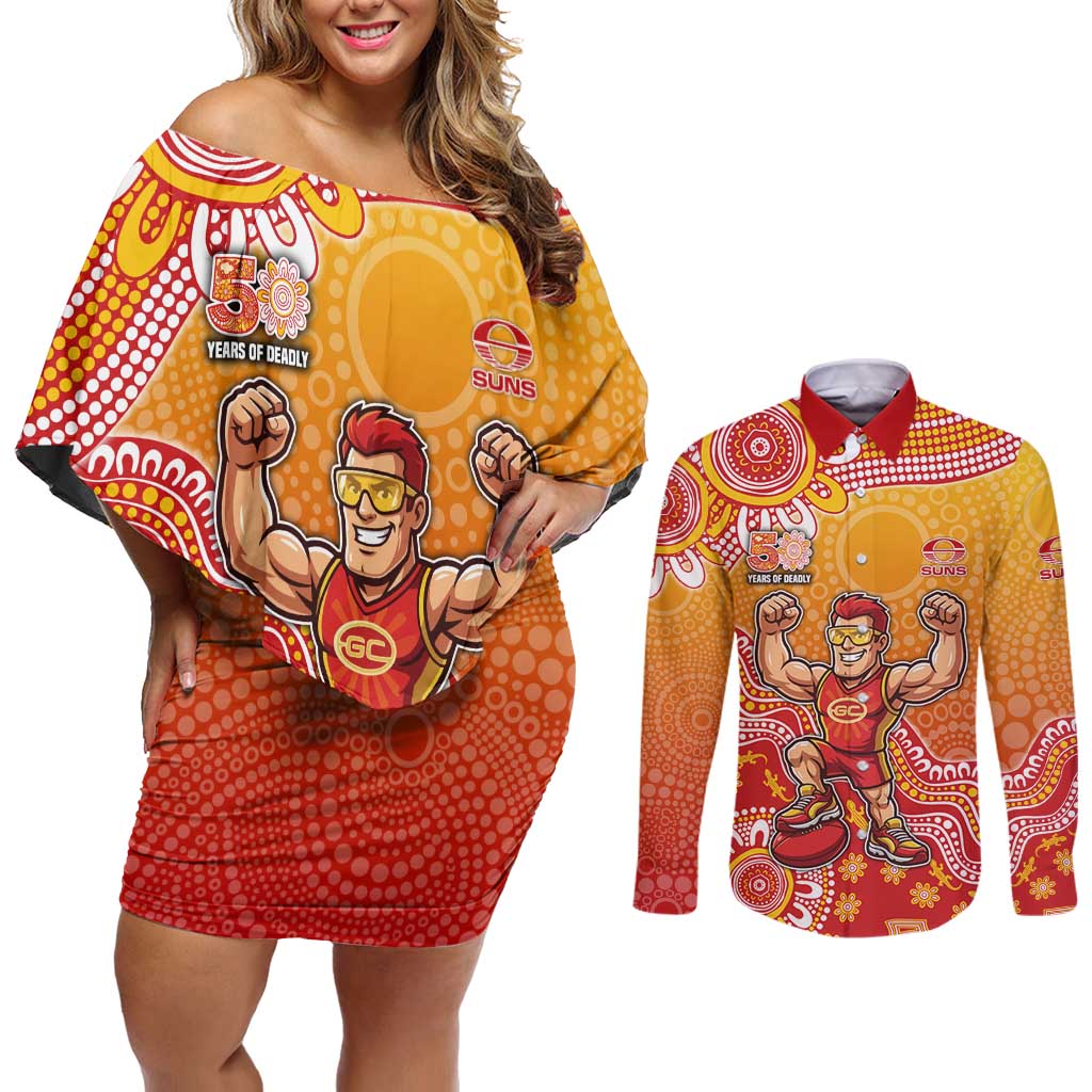 Personalized Suns Football Mascot Couples Matching Off Shoulder Short Dress and Long Sleeve Button Shirt Aboriginal Dot Art Style Vibrant Indigenous Pattern Design
