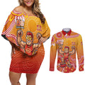 Personalized Suns Football Mascot Couples Matching Off Shoulder Short Dress and Long Sleeve Button Shirt Aboriginal Dot Art Style Vibrant Indigenous Pattern Design