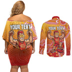 Personalized Suns Football Mascot Couples Matching Off Shoulder Short Dress and Long Sleeve Button Shirt Aboriginal Dot Art Style Vibrant Indigenous Pattern Design