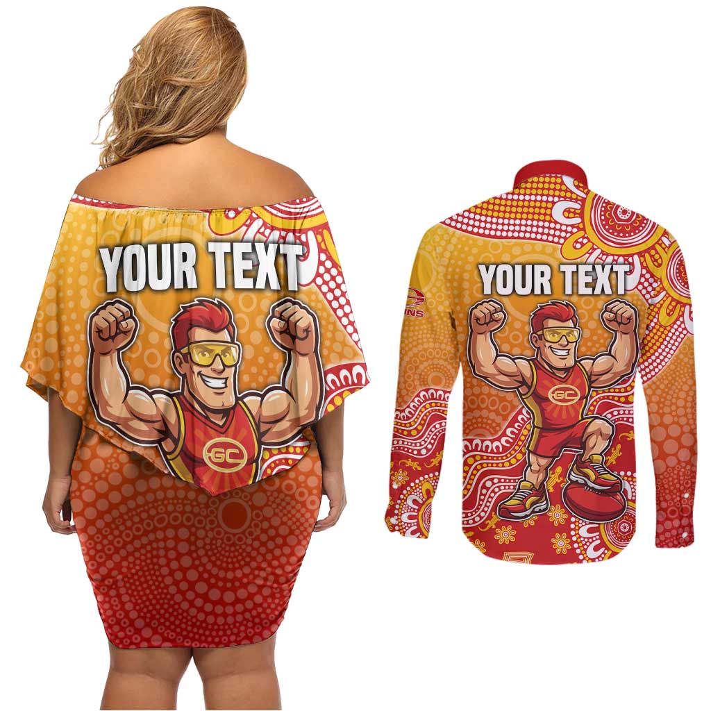 Personalized Suns Football Mascot Couples Matching Off Shoulder Short Dress and Long Sleeve Button Shirt Aboriginal Dot Art Style Vibrant Indigenous Pattern Design