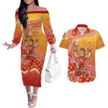 Personalized Suns Football Mascot Couples Matching Off The Shoulder Long Sleeve Dress and Hawaiian Shirt Aboriginal Dot Art Style Vibrant Indigenous Pattern Design