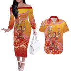 Personalized Suns Football Mascot Couples Matching Off The Shoulder Long Sleeve Dress and Hawaiian Shirt Aboriginal Dot Art Style Vibrant Indigenous Pattern Design