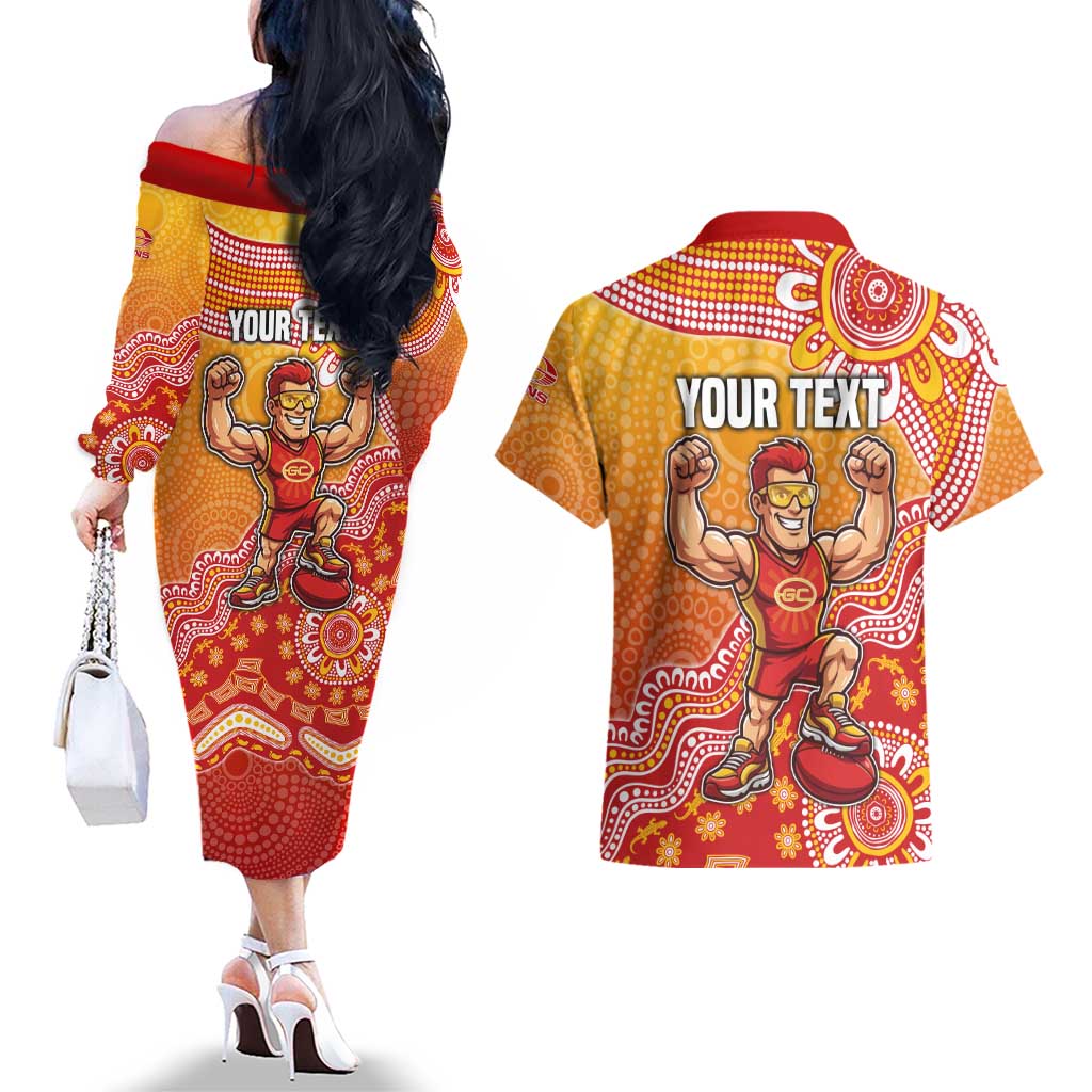 Personalized Suns Football Mascot Couples Matching Off The Shoulder Long Sleeve Dress and Hawaiian Shirt Aboriginal Dot Art Style Vibrant Indigenous Pattern Design