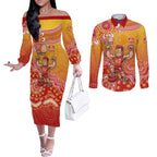 Personalized Suns Football Mascot Couples Matching Off The Shoulder Long Sleeve Dress and Long Sleeve Button Shirt Aboriginal Dot Art Style Vibrant Indigenous Pattern Design