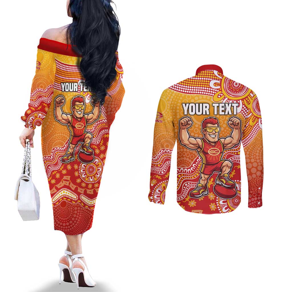 Personalized Suns Football Mascot Couples Matching Off The Shoulder Long Sleeve Dress and Long Sleeve Button Shirt Aboriginal Dot Art Style Vibrant Indigenous Pattern Design