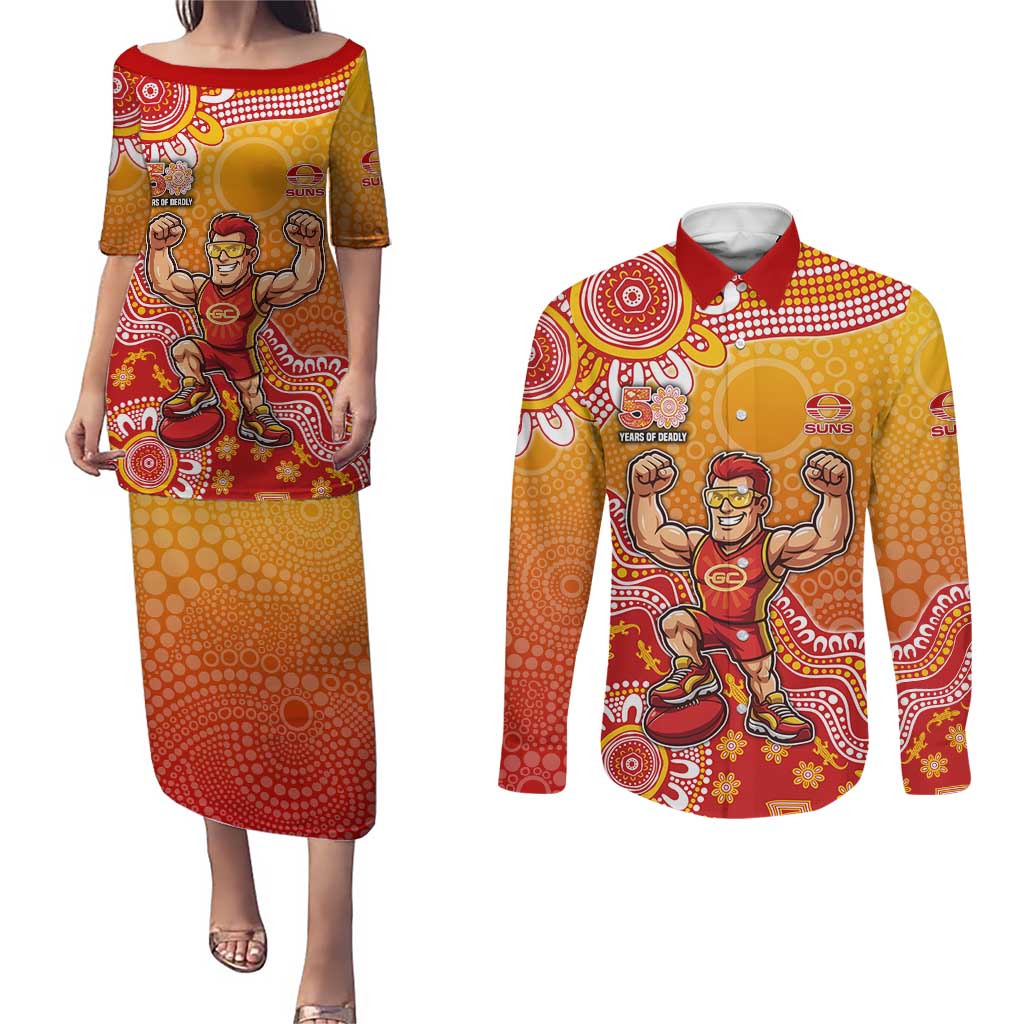 Personalized Suns Football Mascot Couples Matching Puletasi and Long Sleeve Button Shirt Aboriginal Dot Art Style Vibrant Indigenous Pattern Design