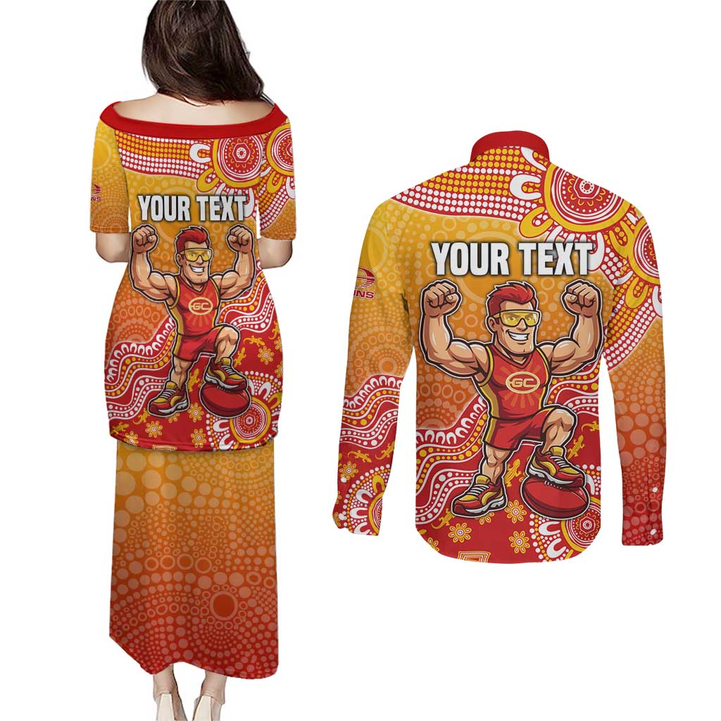 Personalized Suns Football Mascot Couples Matching Puletasi and Long Sleeve Button Shirt Aboriginal Dot Art Style Vibrant Indigenous Pattern Design