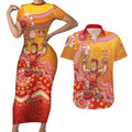 Personalized Suns Football Mascot Couples Matching Short Sleeve Bodycon Dress and Hawaiian Shirt Aboriginal Dot Art Style Vibrant Indigenous Pattern Design