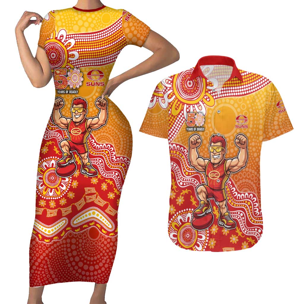 Personalized Suns Football Mascot Couples Matching Short Sleeve Bodycon Dress and Hawaiian Shirt Aboriginal Dot Art Style Vibrant Indigenous Pattern Design