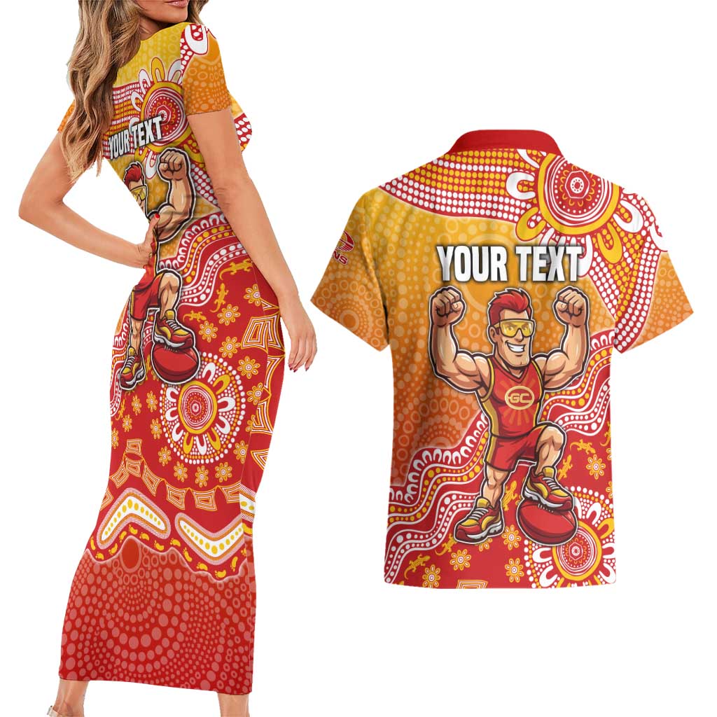 Personalized Suns Football Mascot Couples Matching Short Sleeve Bodycon Dress and Hawaiian Shirt Aboriginal Dot Art Style Vibrant Indigenous Pattern Design