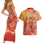 Personalized Suns Football Mascot Couples Matching Short Sleeve Bodycon Dress and Hawaiian Shirt Aboriginal Dot Art Style Vibrant Indigenous Pattern Design