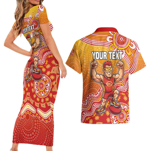 Personalized Suns Football Mascot Couples Matching Short Sleeve Bodycon Dress and Hawaiian Shirt Aboriginal Dot Art Style Vibrant Indigenous Pattern Design