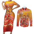 Personalized Suns Football Mascot Couples Matching Short Sleeve Bodycon Dress and Long Sleeve Button Shirt Aboriginal Dot Art Style Vibrant Indigenous Pattern Design