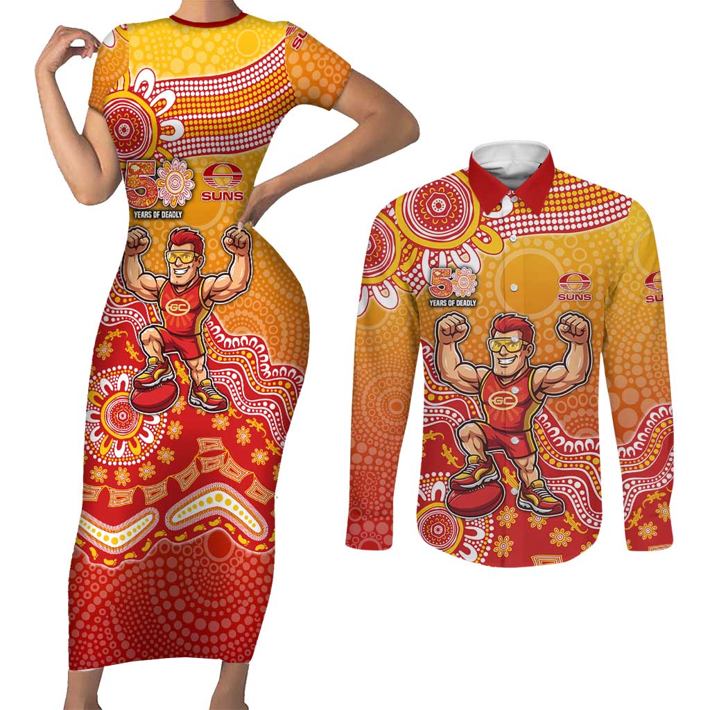 Personalized Suns Football Mascot Couples Matching Short Sleeve Bodycon Dress and Long Sleeve Button Shirt Aboriginal Dot Art Style Vibrant Indigenous Pattern Design