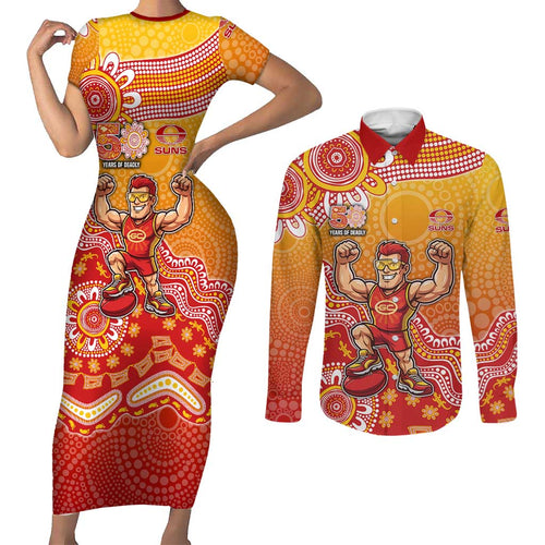 Personalized Suns Football Mascot Couples Matching Short Sleeve Bodycon Dress and Long Sleeve Button Shirt Aboriginal Dot Art Style Vibrant Indigenous Pattern Design