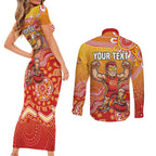 Personalized Suns Football Mascot Couples Matching Short Sleeve Bodycon Dress and Long Sleeve Button Shirt Aboriginal Dot Art Style Vibrant Indigenous Pattern Design