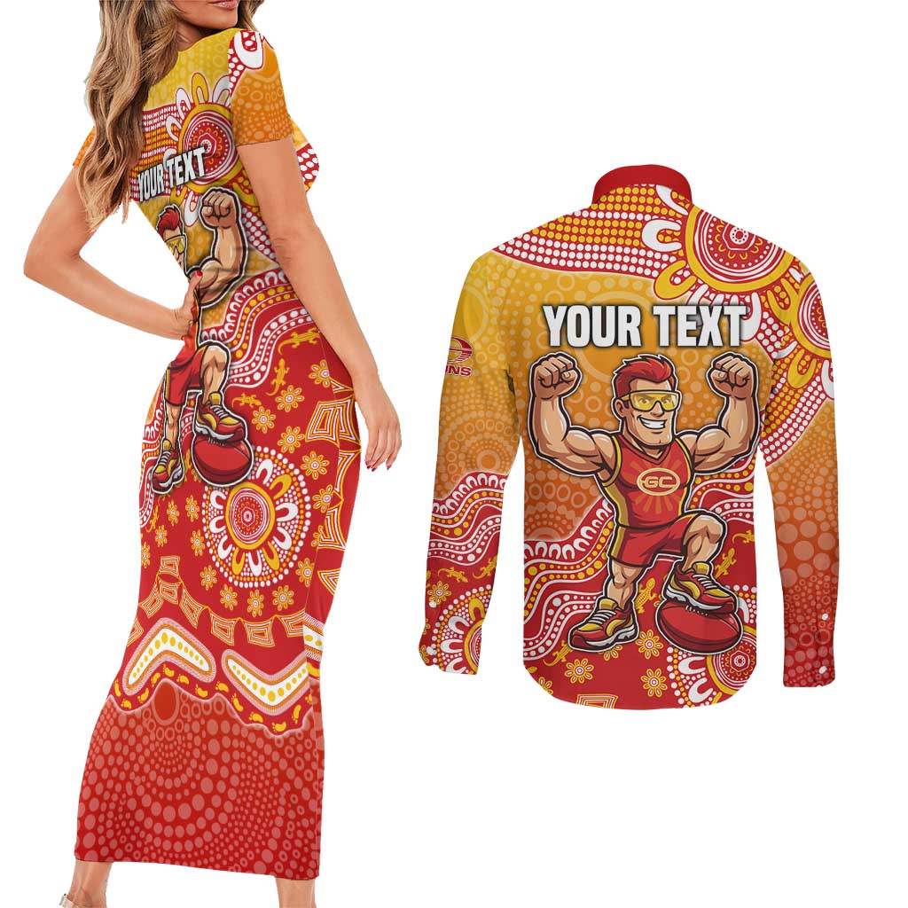 Personalized Suns Football Mascot Couples Matching Short Sleeve Bodycon Dress and Long Sleeve Button Shirt Aboriginal Dot Art Style Vibrant Indigenous Pattern Design