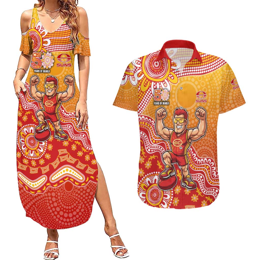 Personalized Suns Football Mascot Couples Matching Summer Maxi Dress and Hawaiian Shirt Aboriginal Dot Art Style Vibrant Indigenous Pattern Design