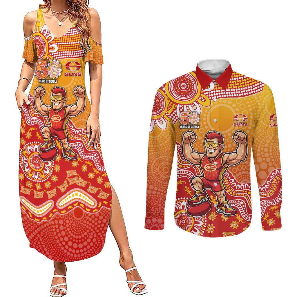 Personalized Suns Football Mascot Couples Matching Summer Maxi Dress and Long Sleeve Button Shirt Aboriginal Dot Art Style Vibrant Indigenous Pattern Design