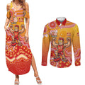 Personalized Suns Football Mascot Couples Matching Summer Maxi Dress and Long Sleeve Button Shirt Aboriginal Dot Art Style Vibrant Indigenous Pattern Design
