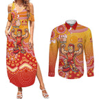 Personalized Suns Football Mascot Couples Matching Summer Maxi Dress and Long Sleeve Button Shirt Aboriginal Dot Art Style Vibrant Indigenous Pattern Design