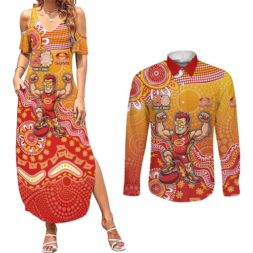 Personalized Suns Football Mascot Couples Matching Summer Maxi Dress and Long Sleeve Button Shirt Aboriginal Dot Art Style Vibrant Indigenous Pattern Design