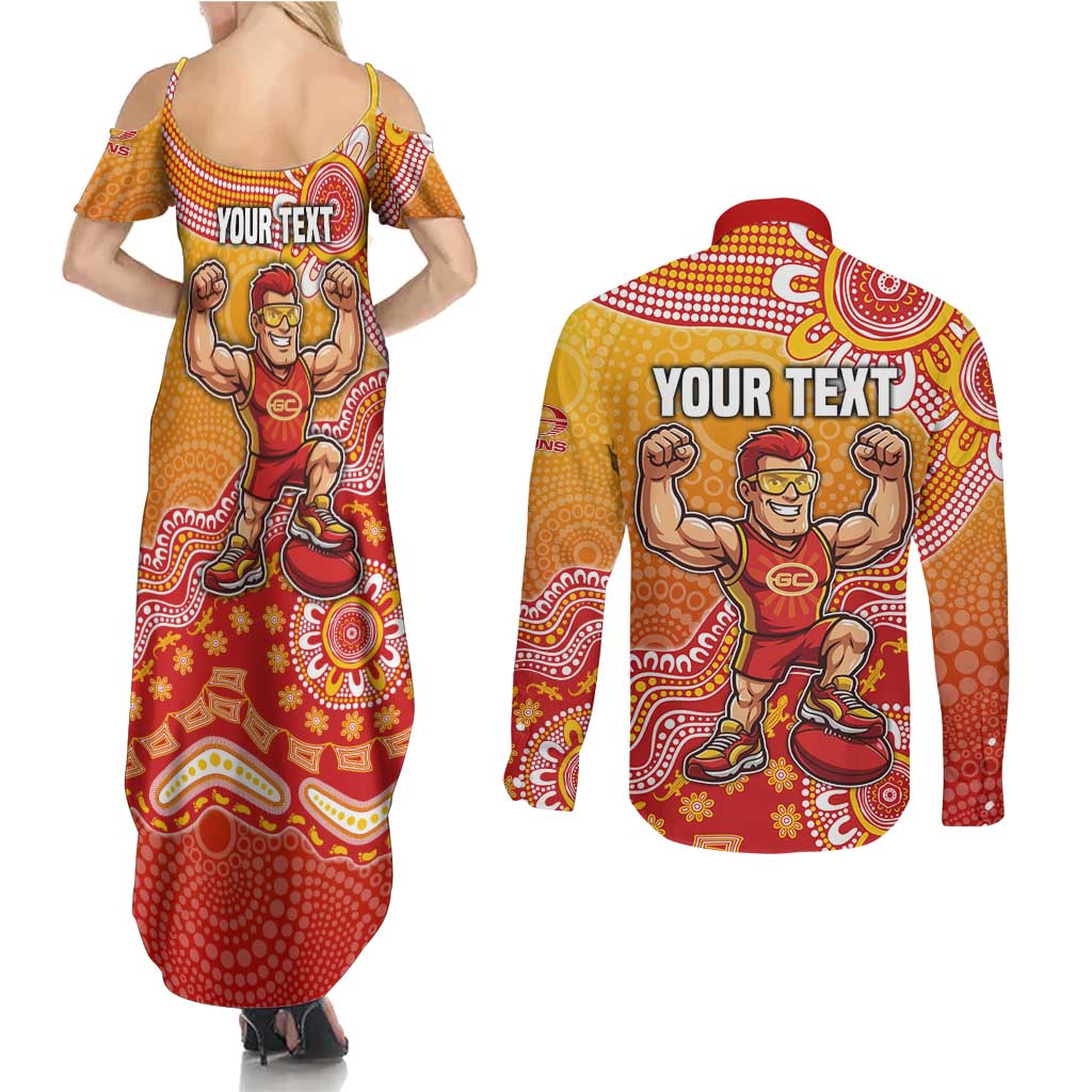 Personalized Suns Football Mascot Couples Matching Summer Maxi Dress and Long Sleeve Button Shirt Aboriginal Dot Art Style Vibrant Indigenous Pattern Design