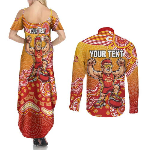 Personalized Suns Football Mascot Couples Matching Summer Maxi Dress and Long Sleeve Button Shirt Aboriginal Dot Art Style Vibrant Indigenous Pattern Design