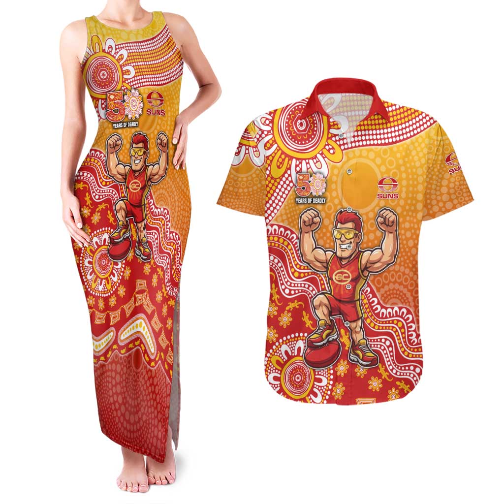 Personalized Suns Football Mascot Couples Matching Tank Maxi Dress and Hawaiian Shirt Aboriginal Dot Art Style Vibrant Indigenous Pattern Design