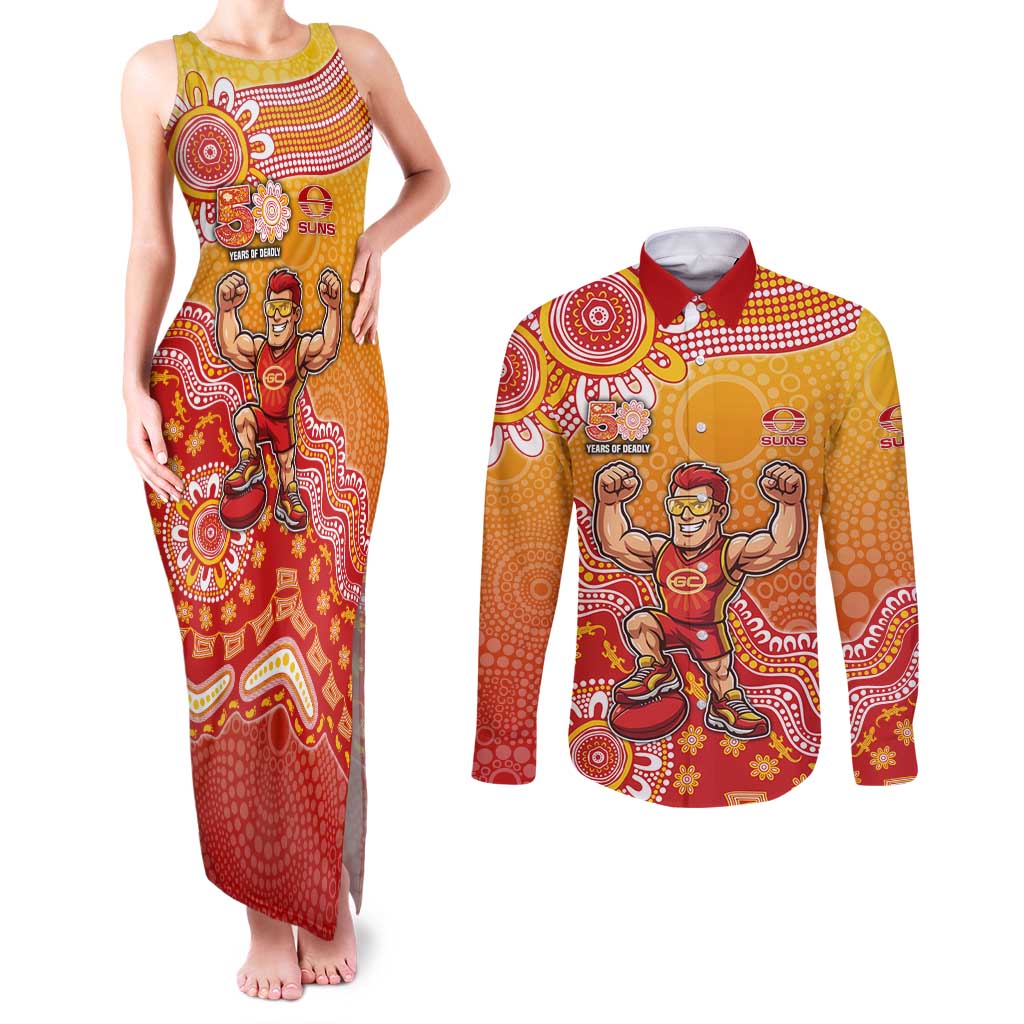 Personalized Suns Football Mascot Couples Matching Tank Maxi Dress and Long Sleeve Button Shirt Aboriginal Dot Art Style Vibrant Indigenous Pattern Design