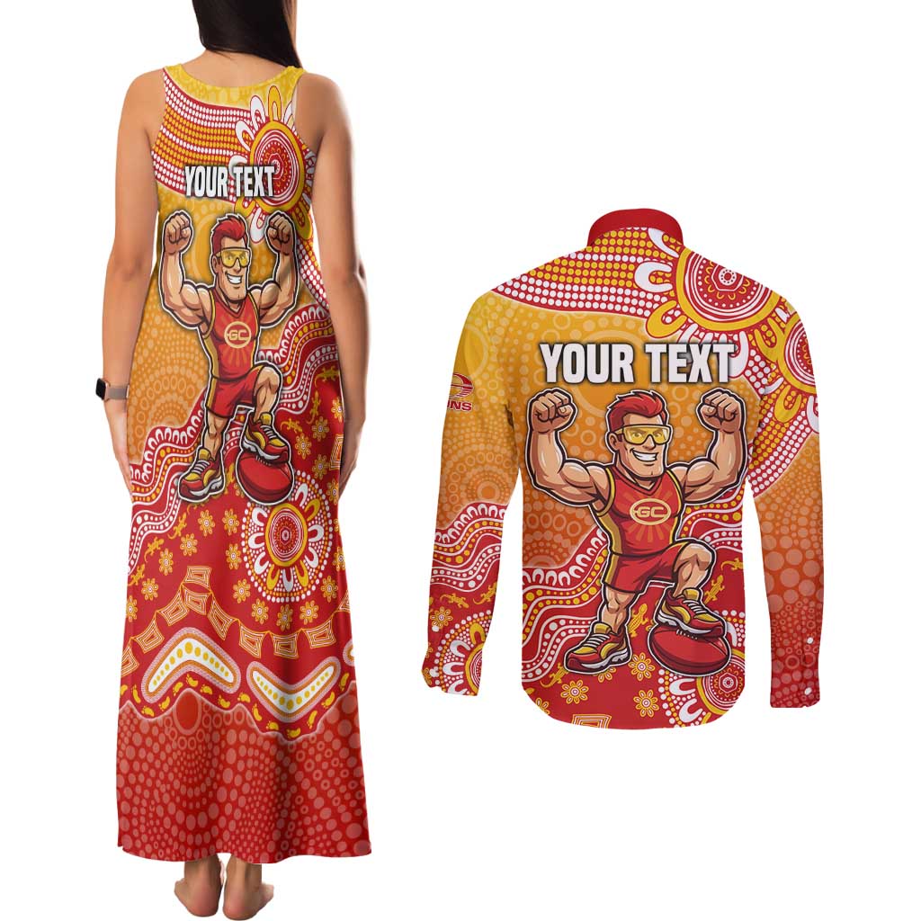 Personalized Suns Football Mascot Couples Matching Tank Maxi Dress and Long Sleeve Button Shirt Aboriginal Dot Art Style Vibrant Indigenous Pattern Design