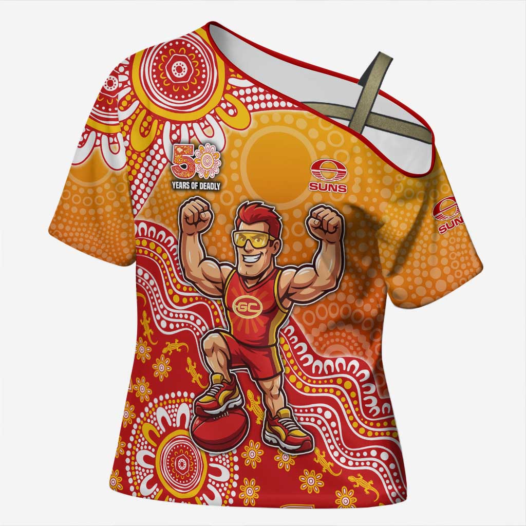 Personalized Suns Football Mascot Cross Shoulder Shirt Aboriginal Dot Art Style Vibrant Indigenous Pattern Design