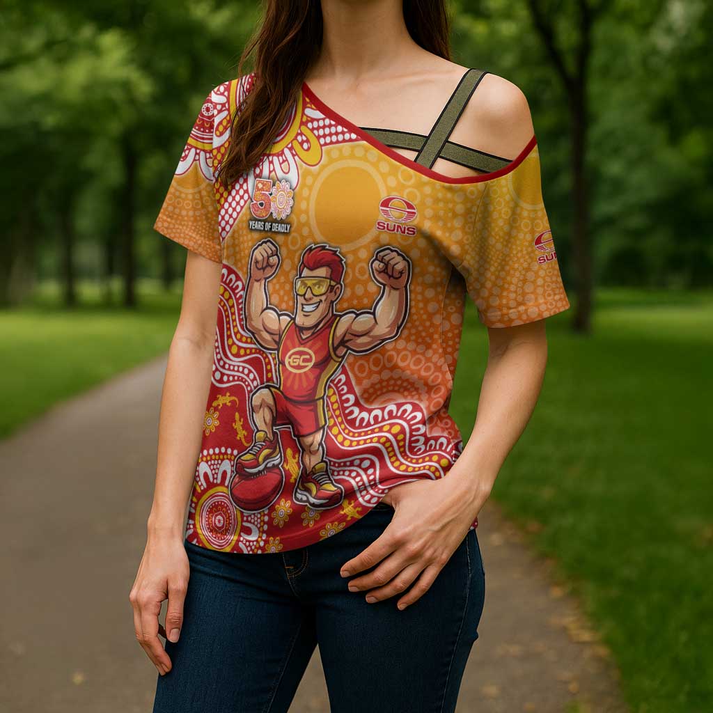 Personalized Suns Football Mascot Cross Shoulder Shirt Aboriginal Dot Art Style Vibrant Indigenous Pattern Design