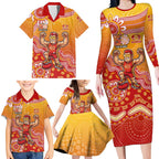 Personalized Suns Football Mascot Family Matching Long Sleeve Bodycon Dress and Hawaiian Shirt Aboriginal Dot Art Style Vibrant Indigenous Pattern Design