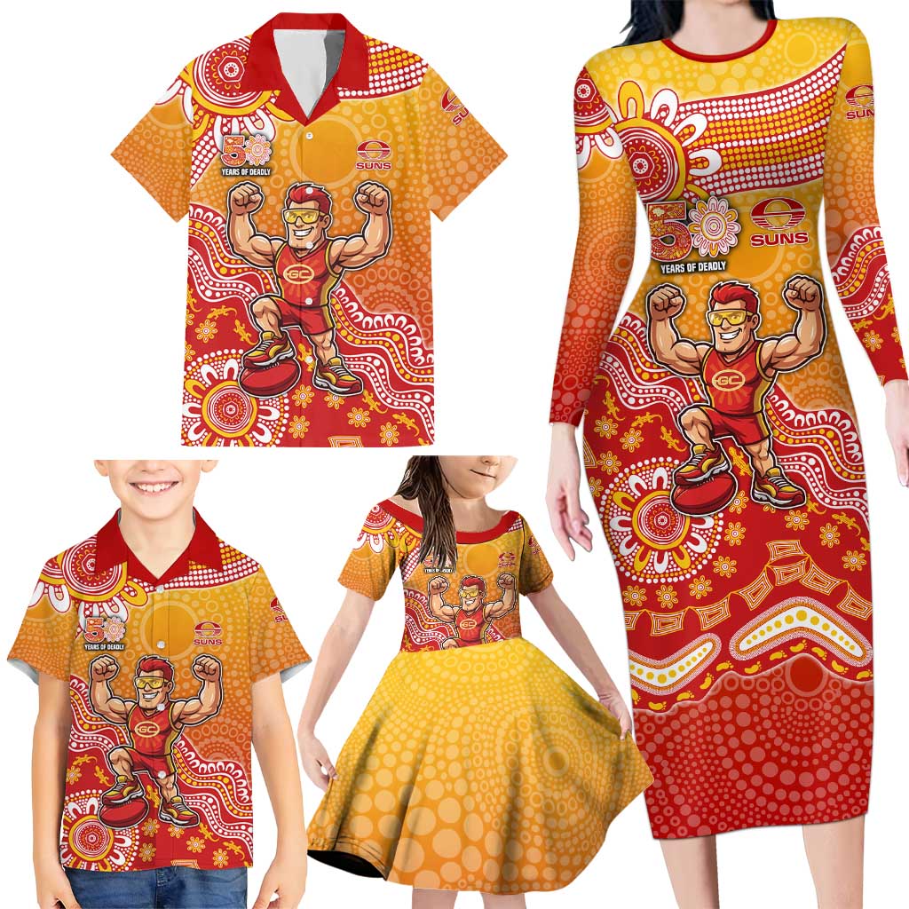 Personalized Suns Football Mascot Family Matching Long Sleeve Bodycon Dress and Hawaiian Shirt Aboriginal Dot Art Style Vibrant Indigenous Pattern Design