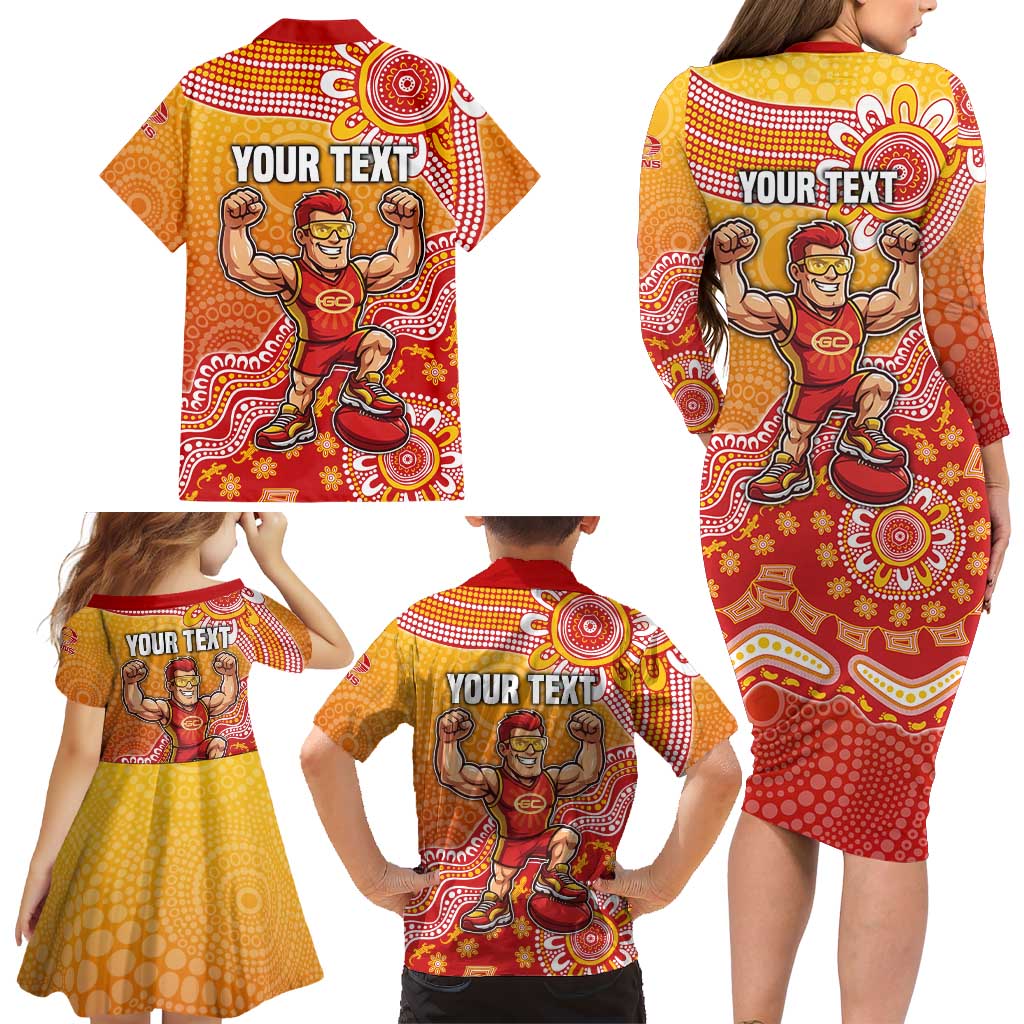 Personalized Suns Football Mascot Family Matching Long Sleeve Bodycon Dress and Hawaiian Shirt Aboriginal Dot Art Style Vibrant Indigenous Pattern Design