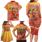 Personalized Suns Football Mascot Family Matching Long Sleeve Bodycon Dress and Hawaiian Shirt Aboriginal Dot Art Style Vibrant Indigenous Pattern Design