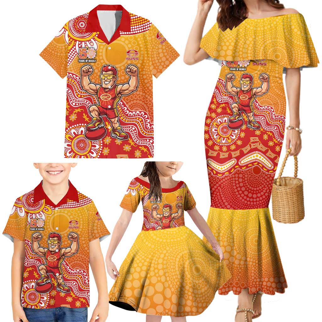 Personalized Suns Football Mascot Family Matching Mermaid Dress and Hawaiian Shirt Aboriginal Dot Art Style Vibrant Indigenous Pattern Design