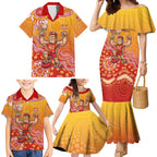 Personalized Suns Football Mascot Family Matching Mermaid Dress and Hawaiian Shirt Aboriginal Dot Art Style Vibrant Indigenous Pattern Design