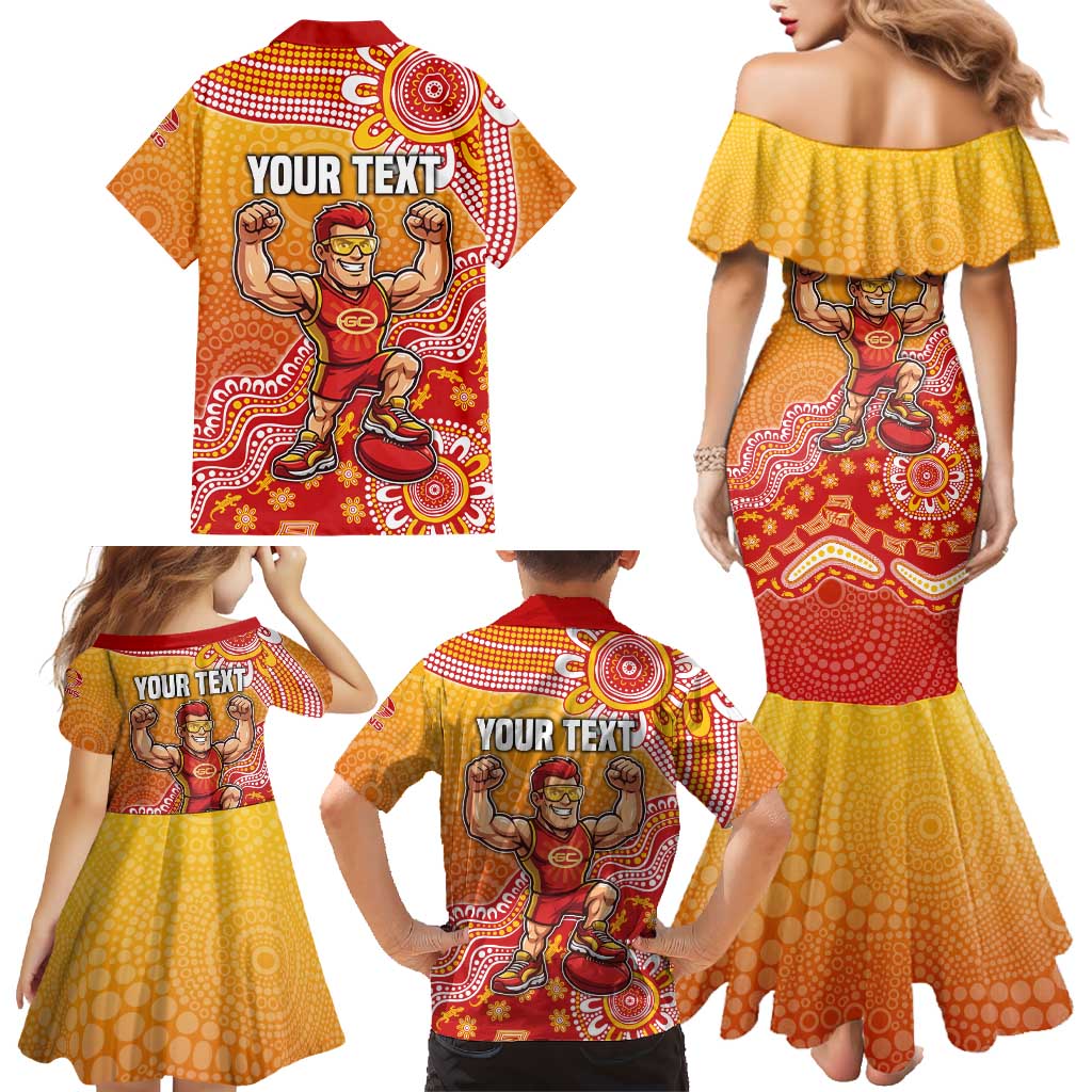 Personalized Suns Football Mascot Family Matching Mermaid Dress and Hawaiian Shirt Aboriginal Dot Art Style Vibrant Indigenous Pattern Design
