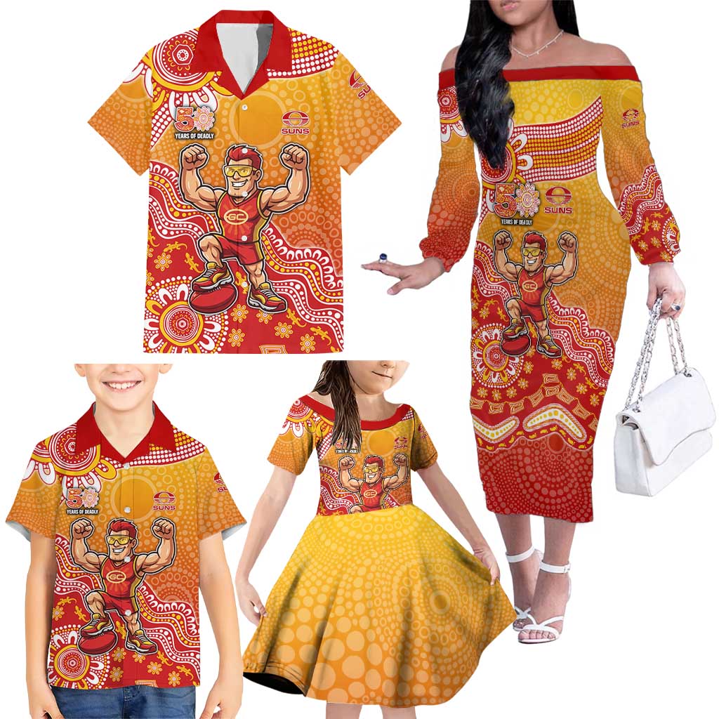 Personalized Suns Football Mascot Family Matching Off The Shoulder Long Sleeve Dress and Hawaiian Shirt Aboriginal Dot Art Style Vibrant Indigenous Pattern Design